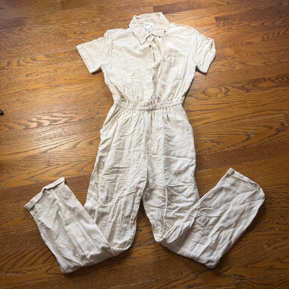Japna Linen Womens Small Short Sleeve Utility Jumpsuit Beige Fisherman Boho